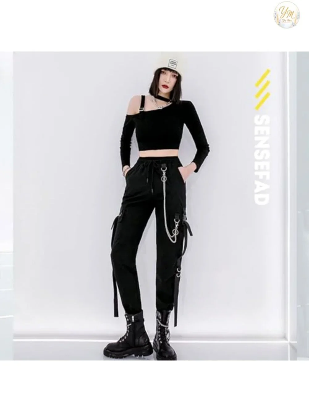Techwear Cargo Pants with Chain Gothic High Waist Wide Leg Street Style